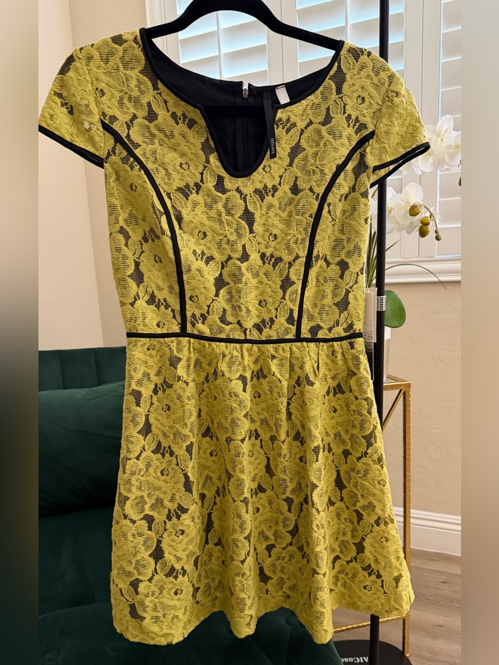 New Kensie Olive Green Lace Dress with Black Trim Size S